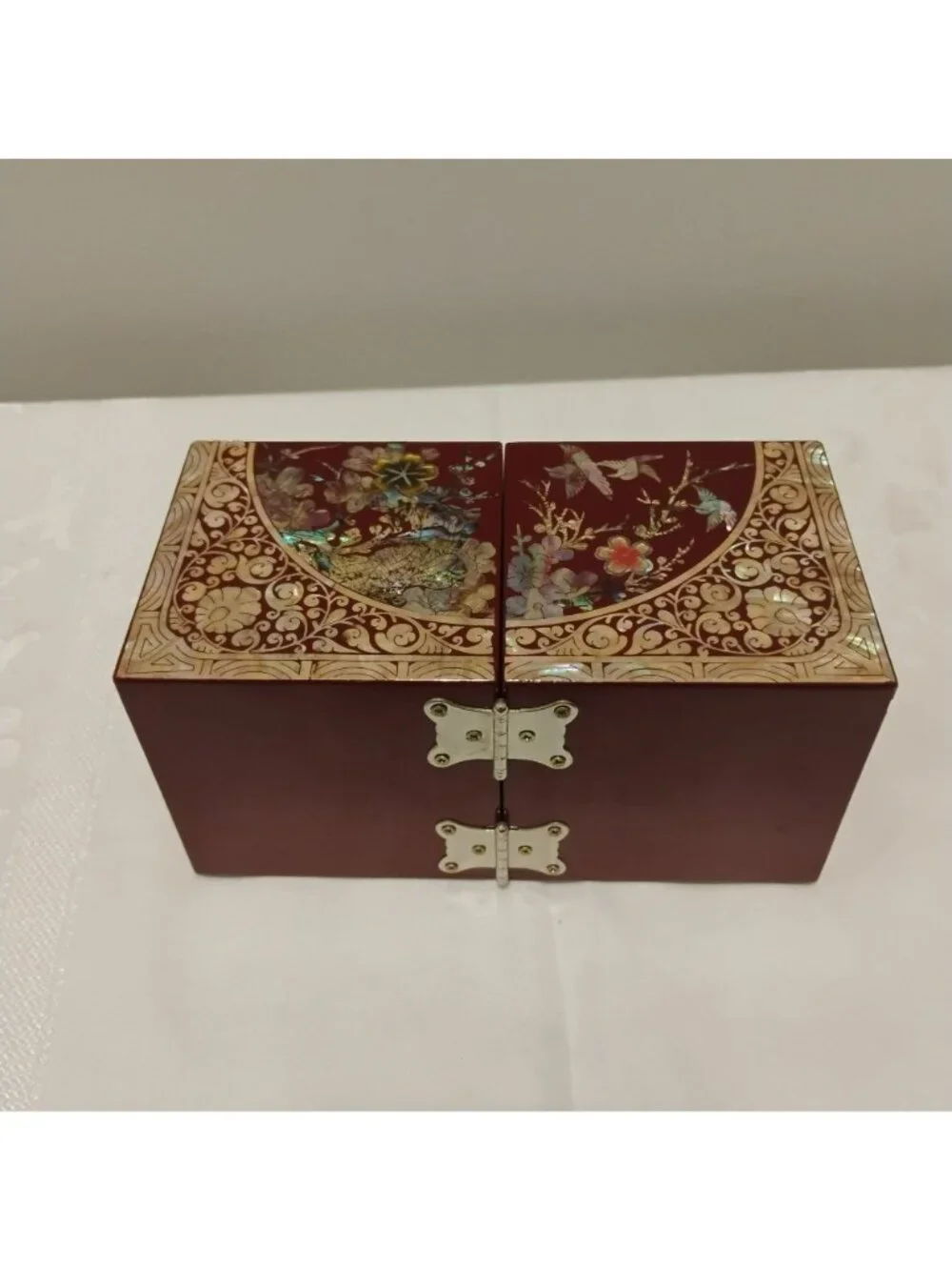 Vintage Korean Mother of Pearl Jewelry Box Red Lacquerware Folding 4 Drawer